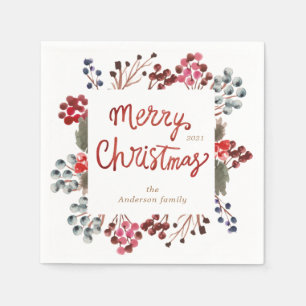 winter red berries Merry Christmas Napkin
