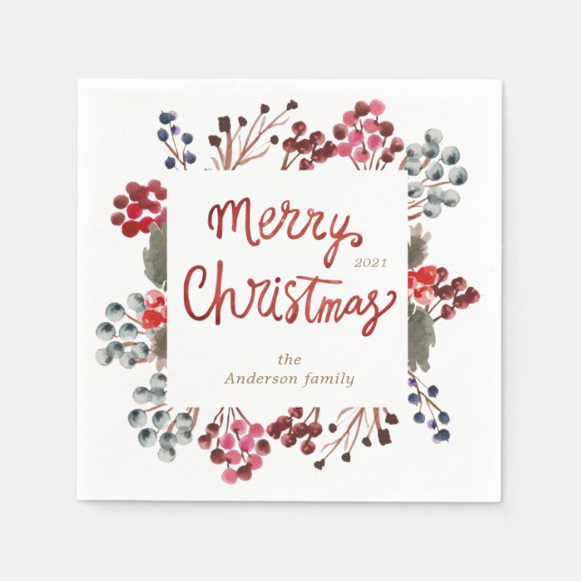 winter red berries Merry Christmas Napkin (Front)