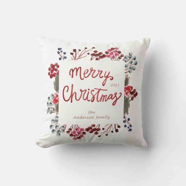 winter red berries Merry Christmas photo Throw Pillow (Front)