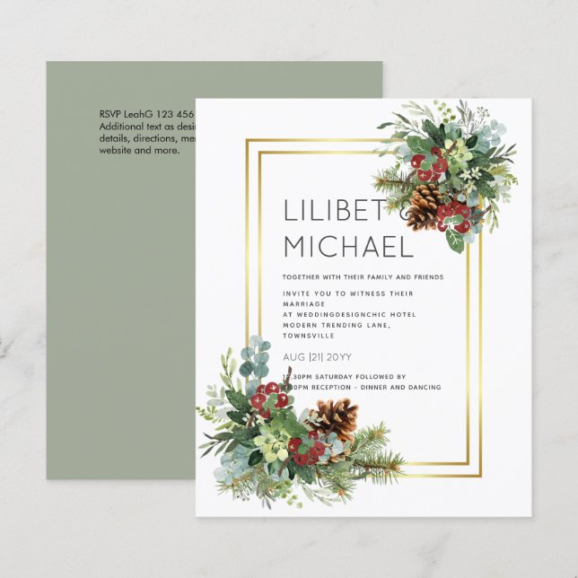 Winter Red Berries Pine Cones Wedding (Front/Back)