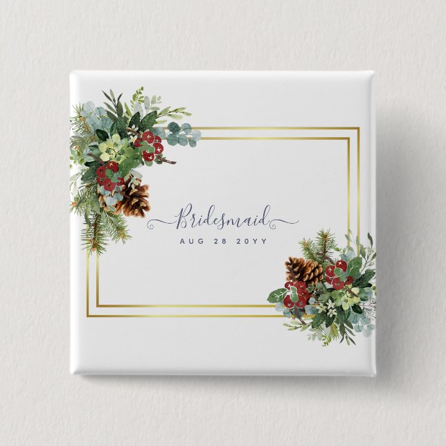 Winter Red Berries Pine Cones Wedding 2 Inch Square Button (Front)