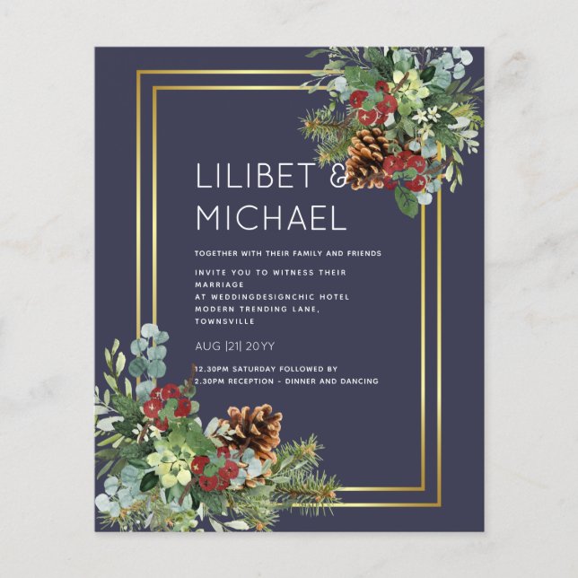 Winter Red Berries Pine Cones Wedding Flyer (Front)