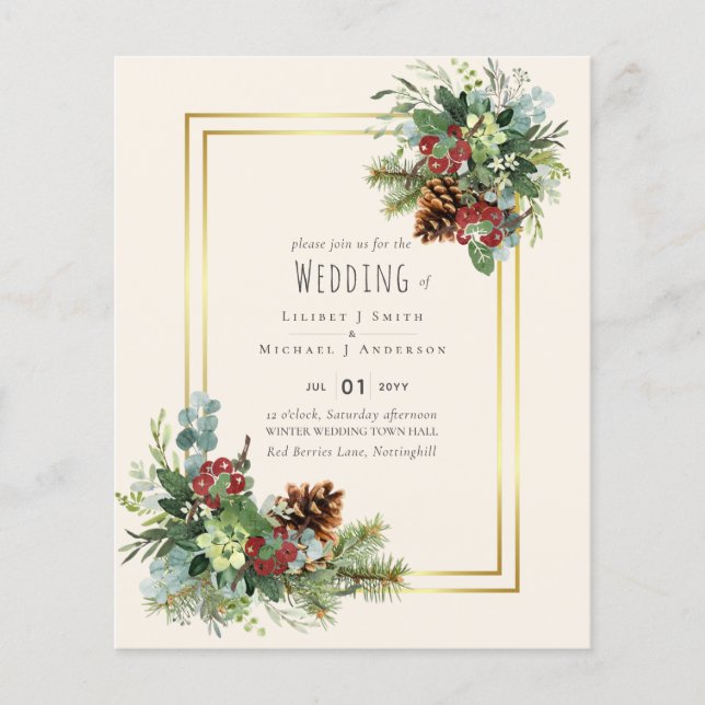 Winter Red Berries Pine Cones Wedding Flyer (Front)