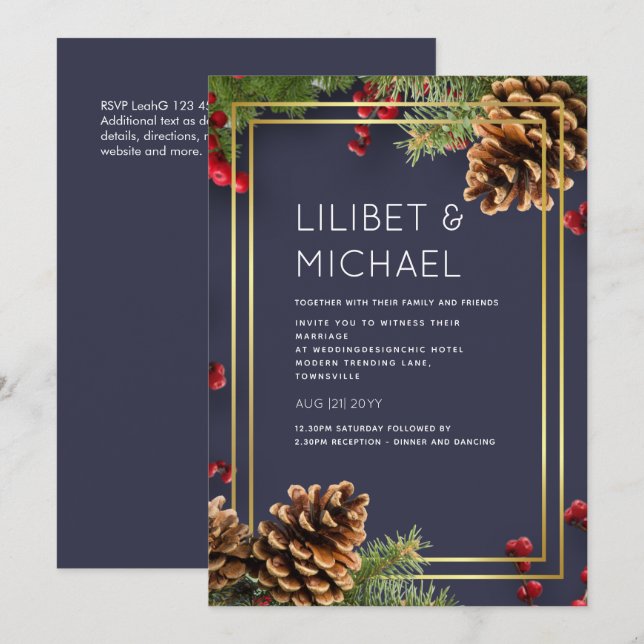 Winter Red Berries Pine Cones Wedding Invitation (Front/Back)
