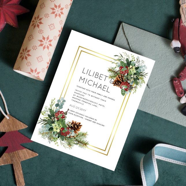 Winter Red Berries Pine Cones Wedding Invitation (Creator Uploaded)