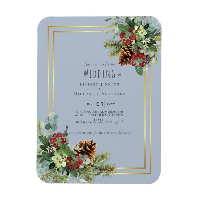 Winter Red Berries Pine Cones Wedding Magnet (Vertical)