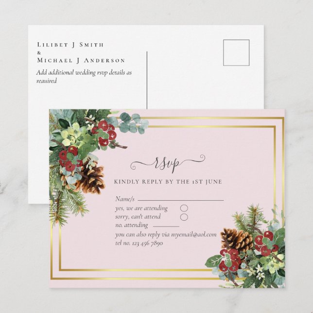 Winter Red Berries Pine Cones Wedding Postcard (Front/Back)