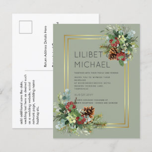 Winter Red Berries Pine Cones Wedding Postcard