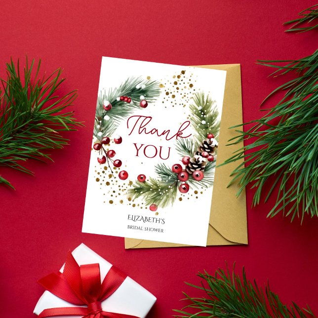 Winter  red berries snowy pines wreath thank you card (Winter red berries snowy pines wreath thank you card watercolor winter rustic elegant thank you card)