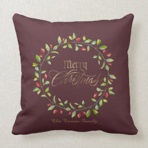 Winter Red Berries Wreath Gold Merry Christmas Throw Pillow