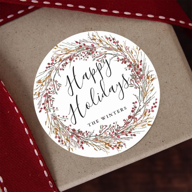 Winter Red Berry Wreath Happy Holidays Classic Round Sticker (Creator Uploaded)