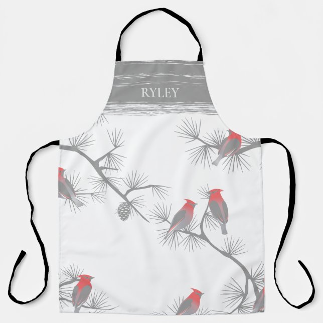 Winter Red Birds on Grey Branches Pattern Monogram Apron (Front)