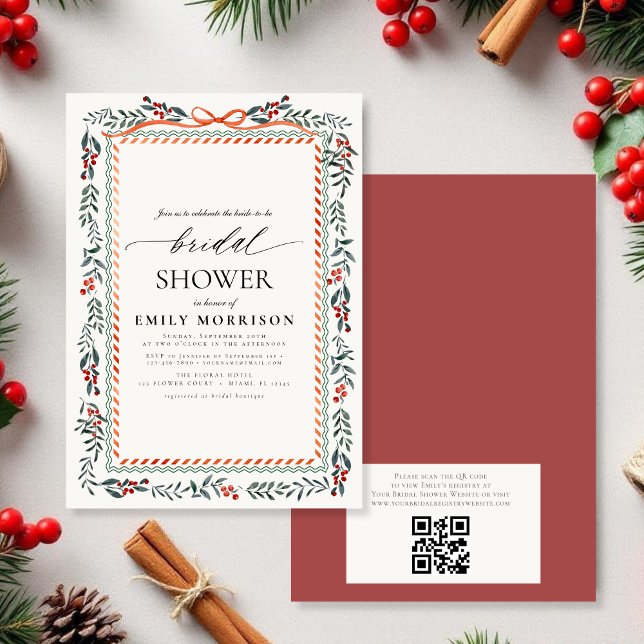 Winter Red Bow QR Code Watercolor Bridal Shower Invitation (Creator Uploaded)