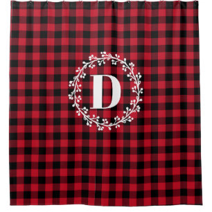 Winter Red Buffalo Check Plaid Wreath Monogram