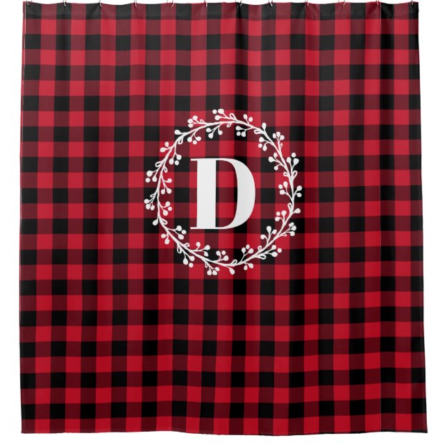 Winter Red Buffalo Check Plaid Wreath Monogram (Front)