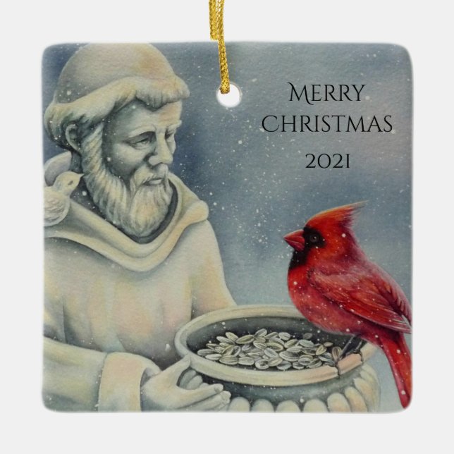 Winter Red Cardinal Bird St Francis Watercolor Art Ceramic Ornament (Front)