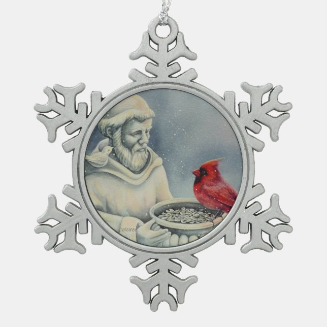 Winter Red Cardinal Bird St Francis Watercolor Art Snowflake Pewter Christmas Ornament (Front)