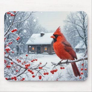 Winter Red Cardinal On Berry Branch Mouse Pad