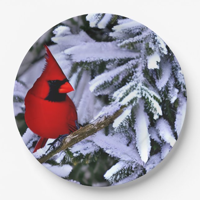 Winter Red Cardinal Paper Plate (Front)