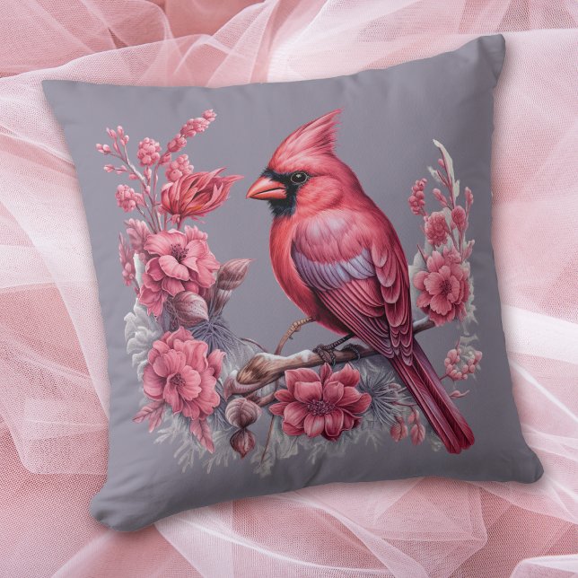 Winter Red Cardinal Pink Flowers on Grey Throw Pillow (Creator Uploaded)