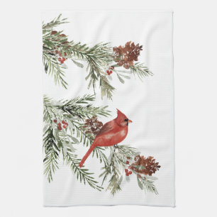 Winter Red Cardinal Spruce Tree Cones & Berries Kitchen Towel