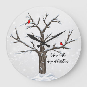 Winter Red Cardinals on Snowy Tree Large Clock
