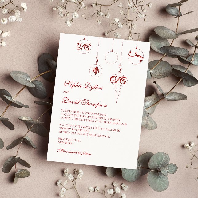 Winter Red Christmas Bauble Ornaments Wedding Invitation (Christmas Wedding Baubles Wedding Invitation)