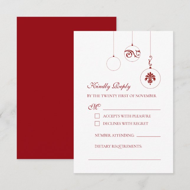 Winter Red Christmas Bauble Ornaments Wedding RSVP Card (Front/Back)