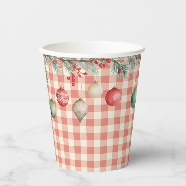 Winter Red Christmas gingham with ornaments Paper Cups (Front)