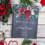 Winter red floral bouquet rustic navy barn recipes notebook<br><div class="desc">Elegant winter recipes notebook featuring beautiful red burgundy and white peonies bouquets with seasonal pine green fir branches, red berries, and foliage over a dark navy blue barn wood like background with string lights. This recipe book can be a beautiful cookbook for your own family or a keepsake personalized gift...</div>