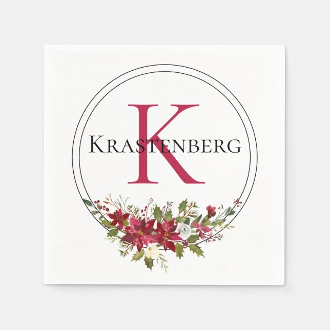 Winter Red Floral Custom Monogram Name Napkin (Front)
