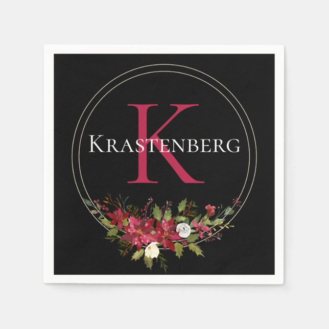 Winter Red Floral Custom Monogram Name Napkin (Front)