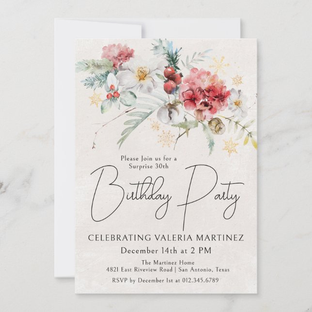 Winter Red Flowers 30th Birthday Surprise Party Invitation (Front)
