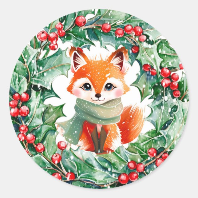 Winter Red Fox Green and Berries Baby Shower Classic Round Sticker (Front)