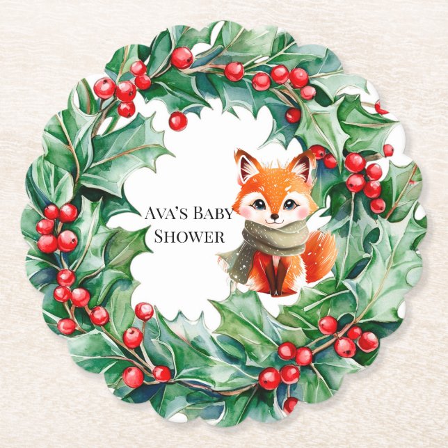 Winter Red Fox Green and Berries Baby Shower Paper Coaster (Front)