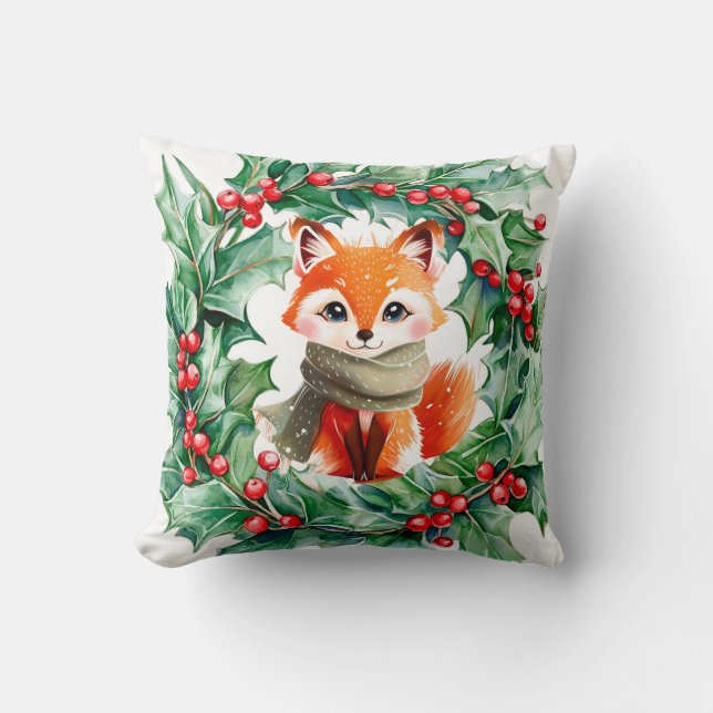 Winter Red Fox Green Berries Baby Shower Gift Throw Pillow (Front)