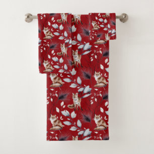 Winter Red Fox Leaves Watercolor Bath Towel Set