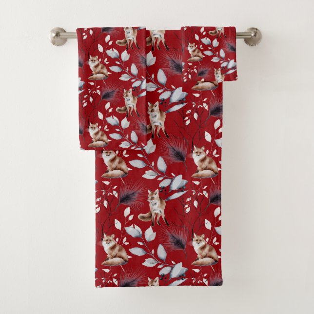 Winter Red Fox Leaves Watercolor Bath Towel Set (Insitu)