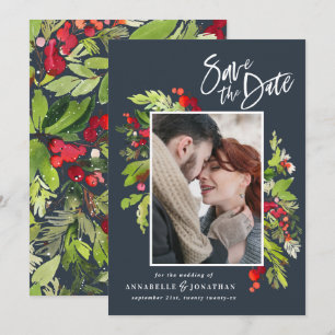 Winter red green botanical watercolor photo blue save the date