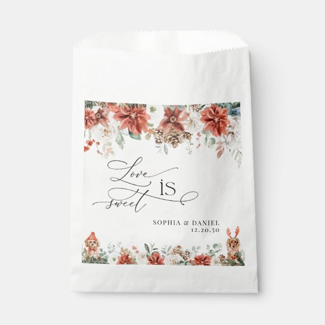 Winter Red Greenery Pinecone Wedding Favour Bags (Front)