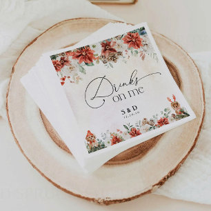 Winter Red Greenery Pinecone Wedding Paper Napkin