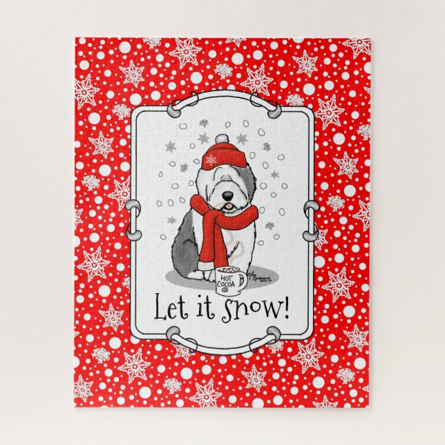Winter (Red) Old English Sheepdog (Gray 1) Cute Jigsaw Puzzle (Vertical)
