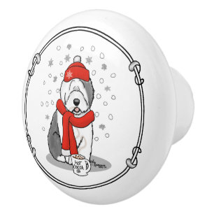 Winter (Red) Old English Sheepdog (Grey 1) Cute Ceramic Knob