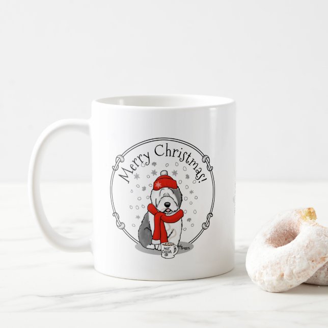 Winter (Red) Old English Sheepdog (Grey 1) Cute Coffee Mug (With Donut)