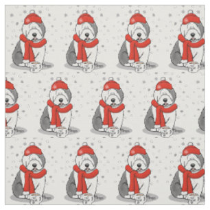 Winter (Red) Old English Sheepdog (Grey 1) Cute Fabric