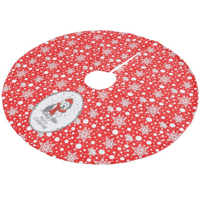 Winter (Red) Old English Sheepdog (Grey 1) Cute Fleece Tree Skirt (Angled)