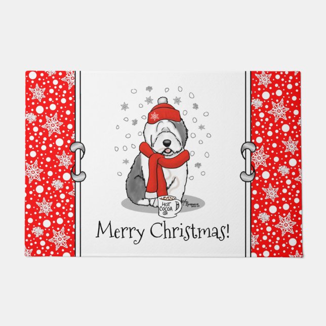 Winter (Red) Old English Sheepdog  Grey 1 Holiday Doormat (Front)
