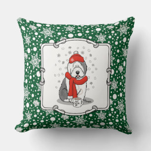 Winter (Red) Old English Sheepdog  Grey 1 Holiday Throw Pillow