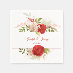 Winter Red Roses & Greenery Wedding Napkin