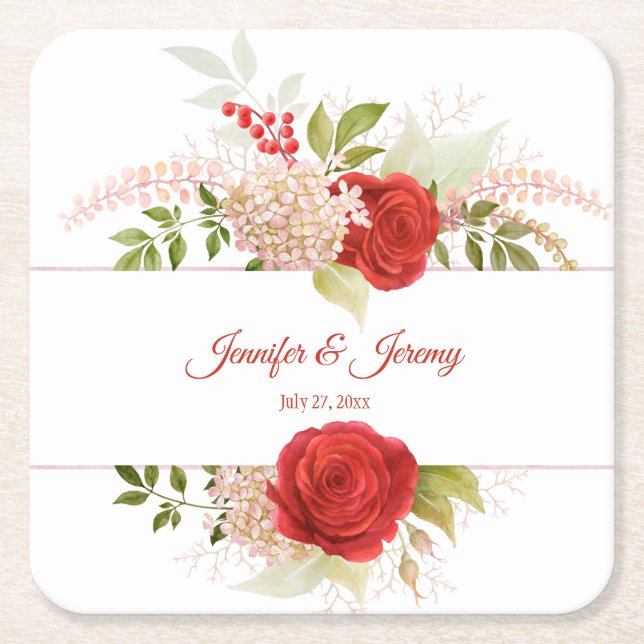 Winter Red Roses & Greenery Wedding | Square Paper Coaster (Front)